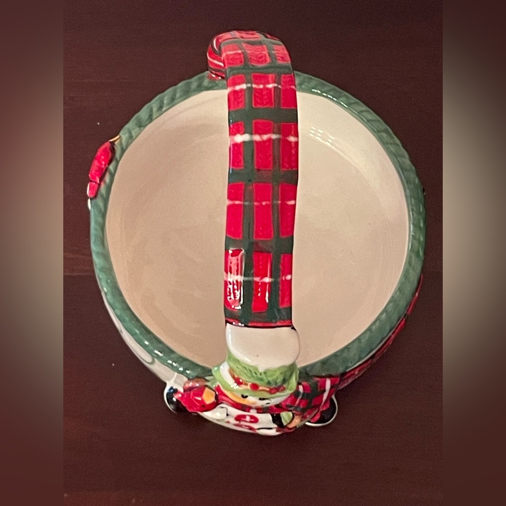 BNIB Fitz and Floyd Holly Hat Snowman Ceramic Basket 2013 Christmas Candy Dish - Picture 3 of 10